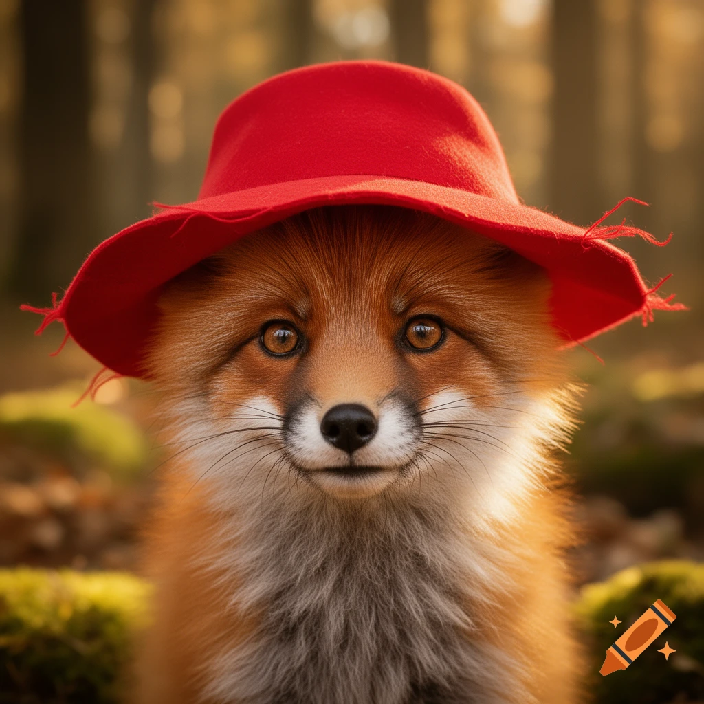 A cute, photorealistic fox wearing a red hat looks directly at the viewer in a forest setting.