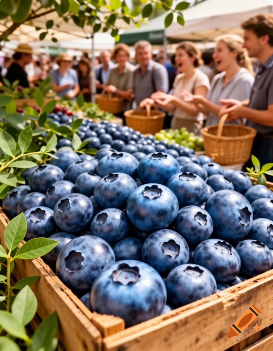 Close-up of fresh blueberries in a wooden crate at a vibrant farmer's market with blurred people in the background.