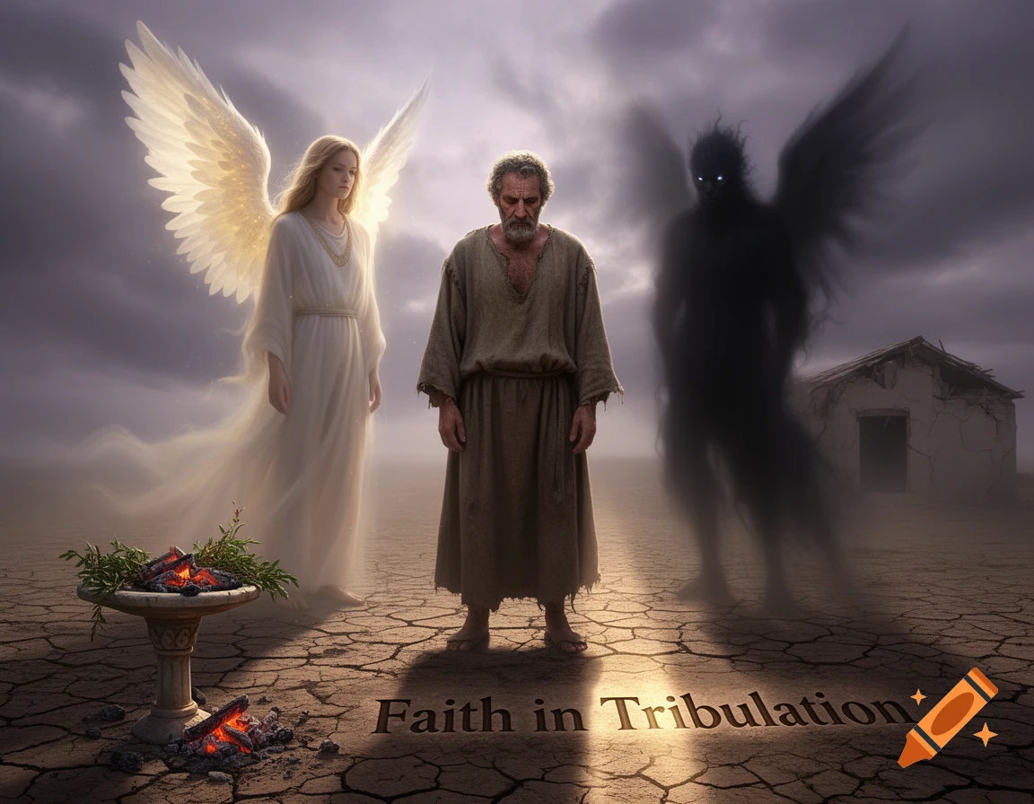 A man stands between a glowing angel and a shadowy demon on cracked earth under a stormy sky, with 'Faith in Tribulation' written on the ground.