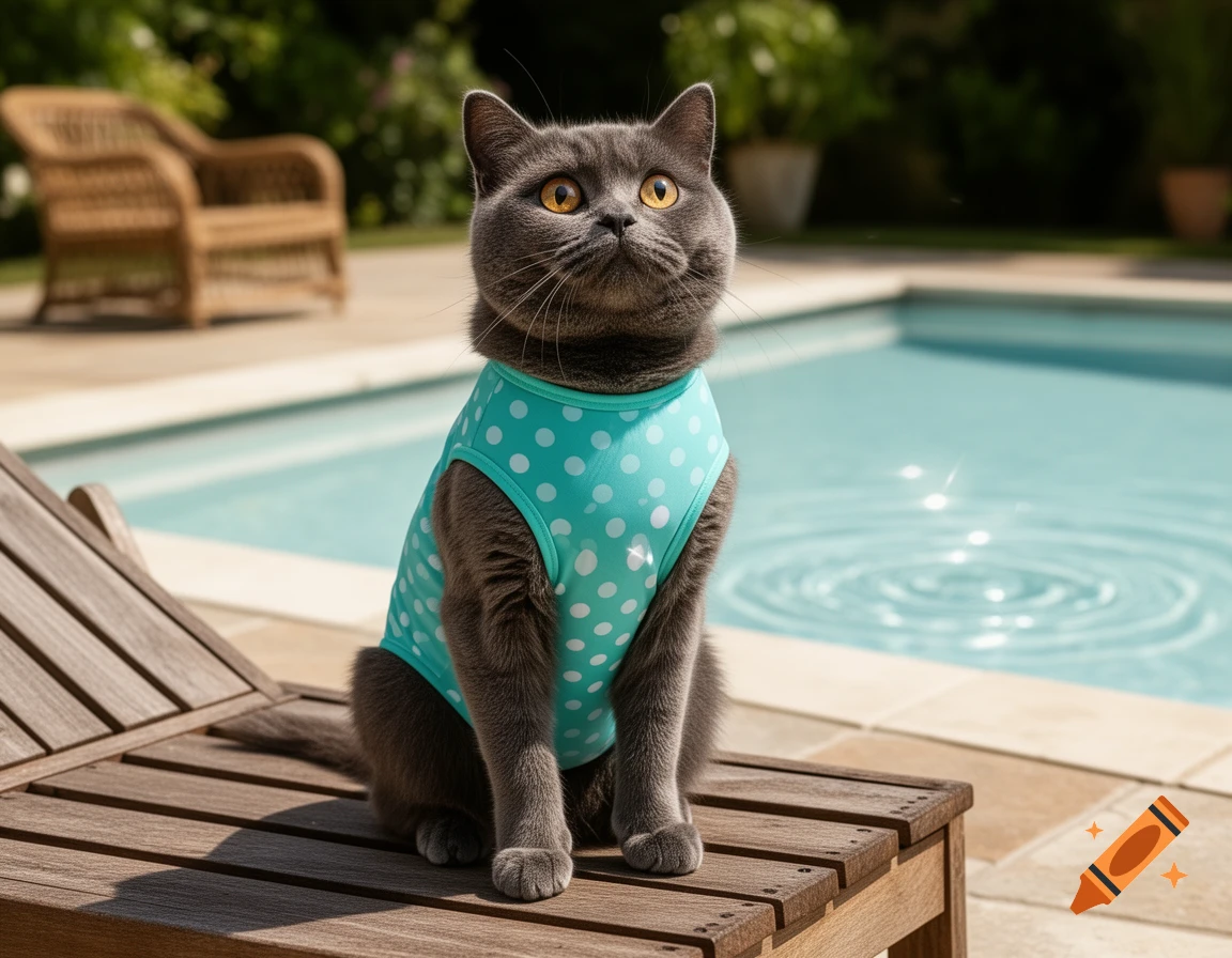 A gray British Shorthair cat in a teal polka dot swimsuit sits on a wooden lounge chair by a swimming pool.