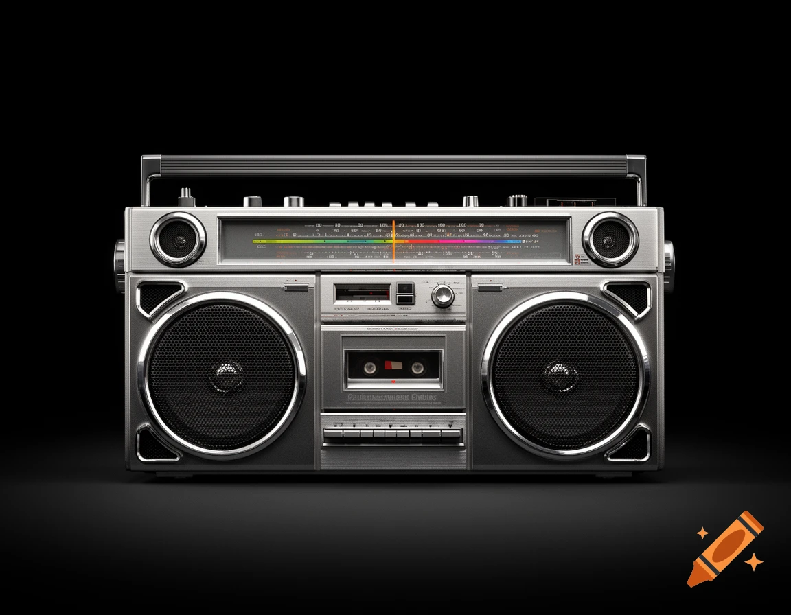 A silver 1980s boombox with large speakers, a cassette player, and a radio tuner sits on a black background.