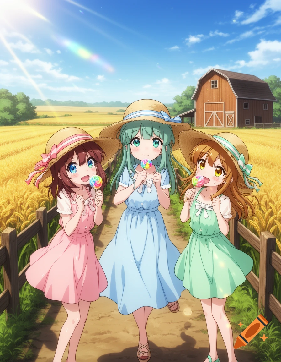Three smiling anime girls in straw hats and dresses walk on a dirt path through a golden farm field, holding colorful lollipops under a bright sky.