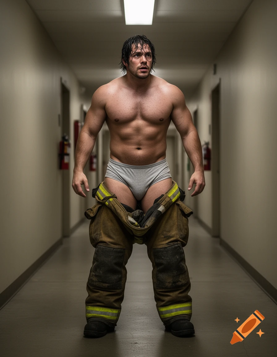 A muscular, shirtless man in grey briefs and firefighter pants around his ankles stands in a hallway, looking upward. Photorealistic style.