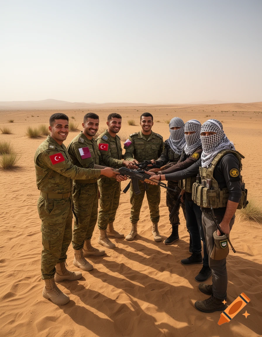 Smiling soldiers in desert fatigues with Turkish and Qatari flags on their uniforms, holding machine guns with men in keffiyehs.