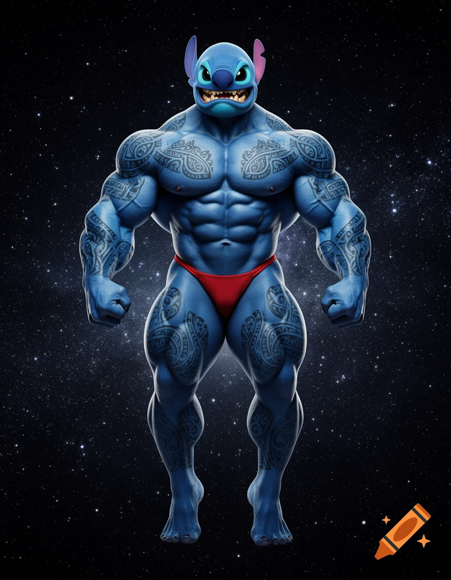 A massively muscular, blue, tattooed Stitch from Lilo & Stitch, wearing a red thong, floats against a starry space background.