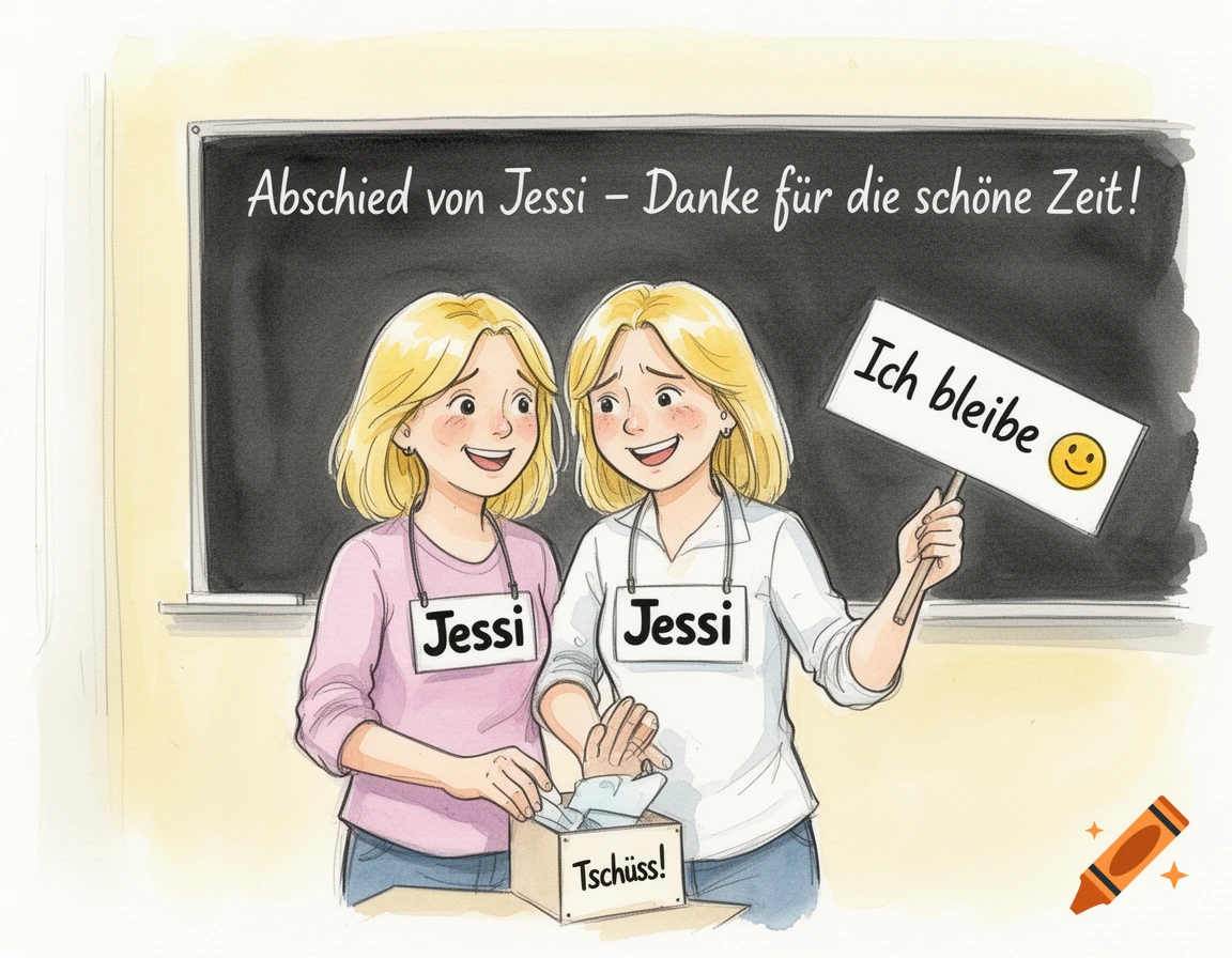 A watercolor illustration shows two blonde women named Jessi. One sadly packs a box marked "Tschüss!", the other smiles with a "Ich bleibe 😄" sign, with a blackboard in the background that reads "Abschied von Jessi Danke für die schöne Zeit!"