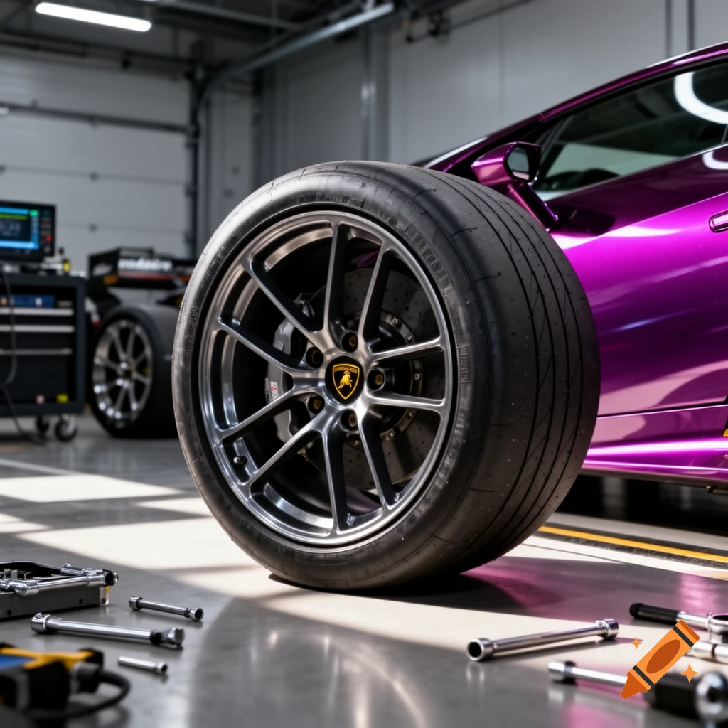 A large car tire with a silver rim and Lamborghini logo stands in a bright garage next to a blurred purple sports car, with various tools on the concrete floor.