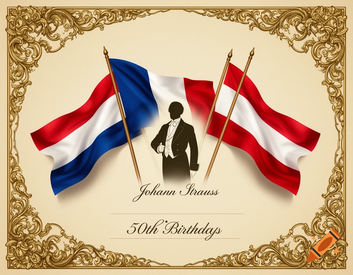An ornate framed card with a silhouette of Johann Strauss between French and Austrian flags, text reads 'Johann Strauss' and '50th Birthday' in a classic style.