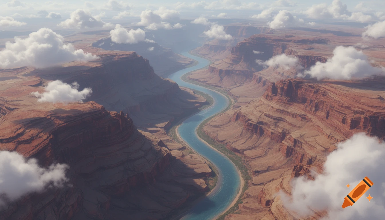 Aerial view of a winding blue river cutting through a vast red rock canyon under a partly cloudy sky.