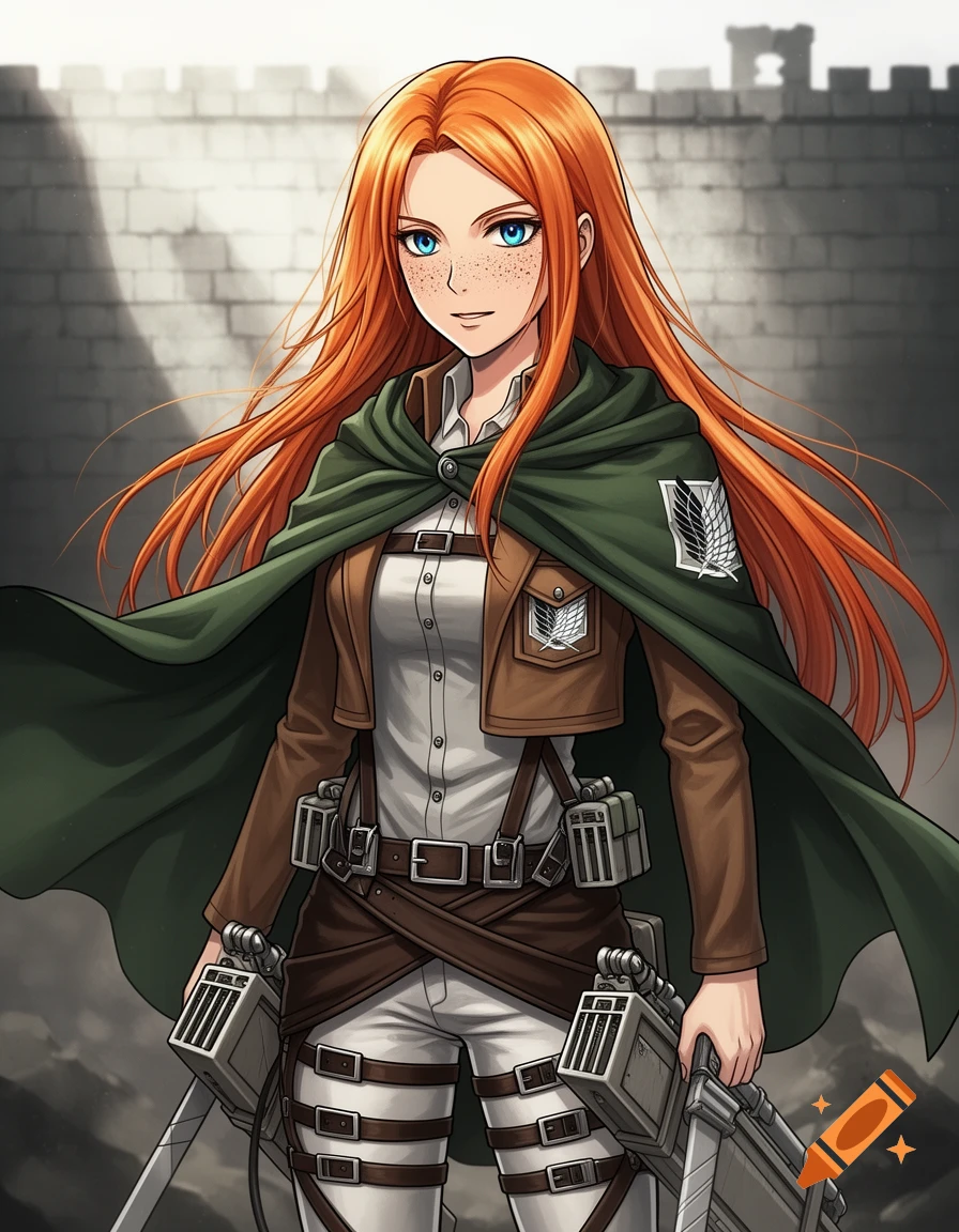 An anime ginger woman with long red hair, blue eyes, and freckles wears an Attack on Titan scout uniform, holding blades in front of a stone wall.