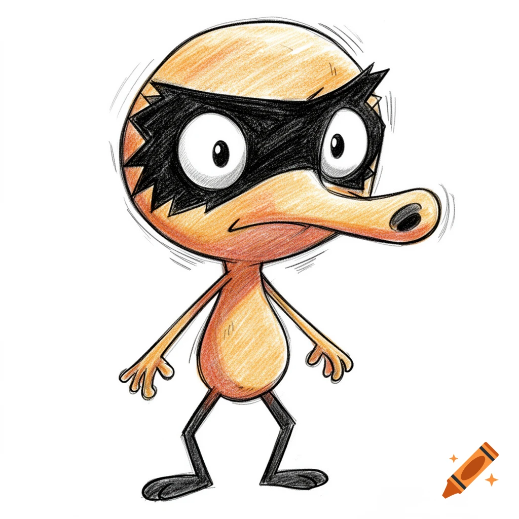 Sketchy cartoon character with a large head, long snout, and black mask, in a Courage the Cowardly Dog style.