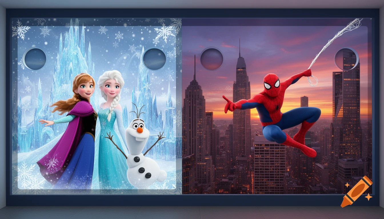 A split image with Frozen's Anna, Elsa, and Olaf in an ice kingdom on the left, and Spider-Man swinging above a city skyline at sunset on the right, both with circular peepholes.
