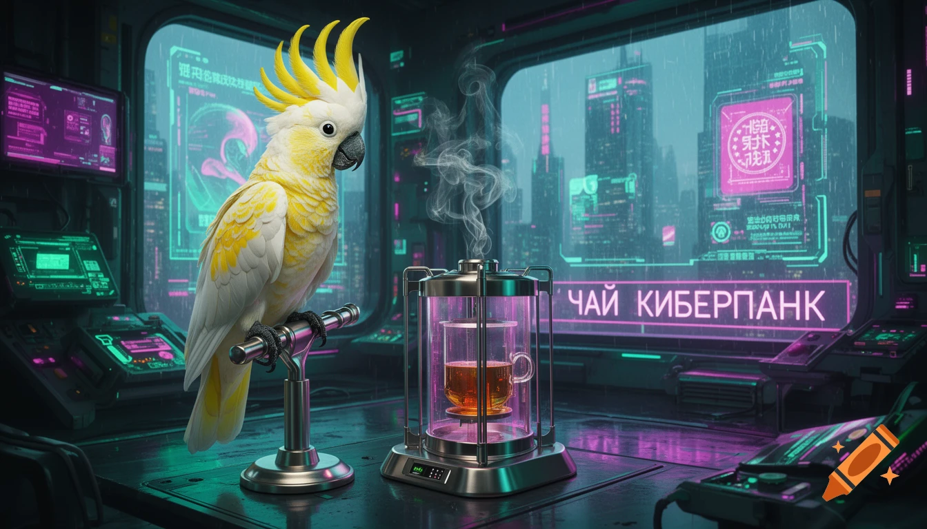 A white and yellow cockatoo perches in a neon-lit cyberpunk room with a steaming tea dispenser and a rainy city skyline visible through a window.