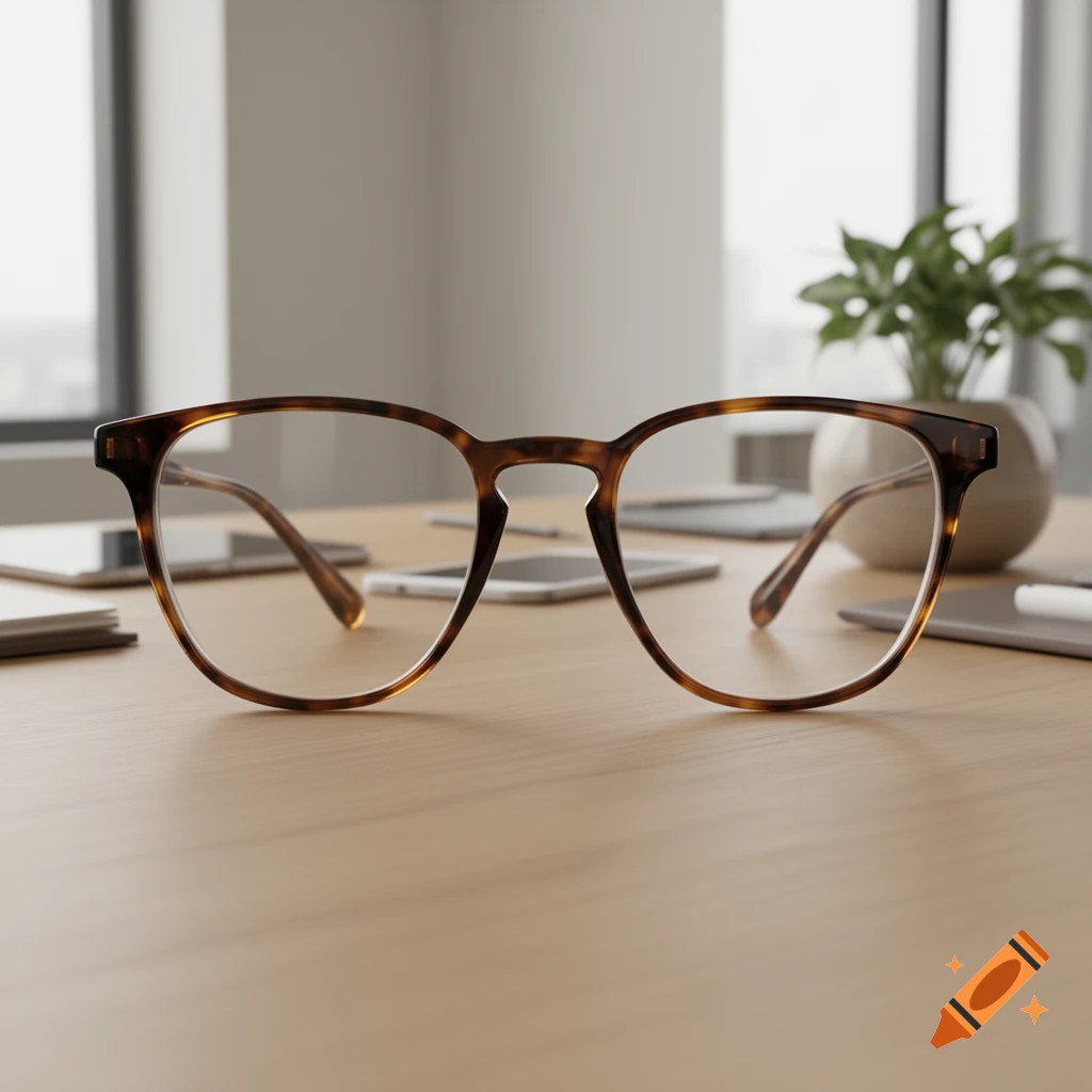 Stylish tortoiseshell glasses rest on a wooden desk with blurred electronics and a plant in the background, photorealistic.