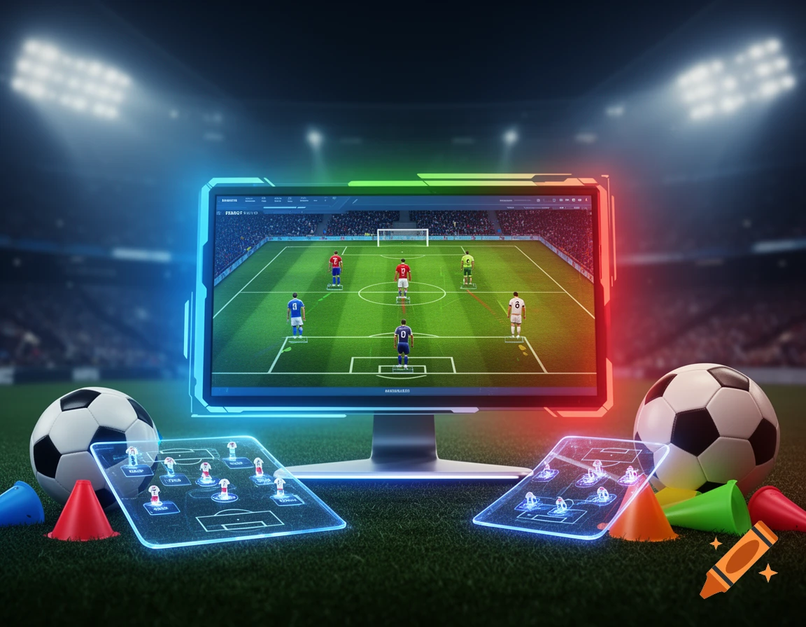 A football tactics software displayed on a glowing monitor with soccer balls, cones, and holographic tactic boards on a grass field in a stadium.