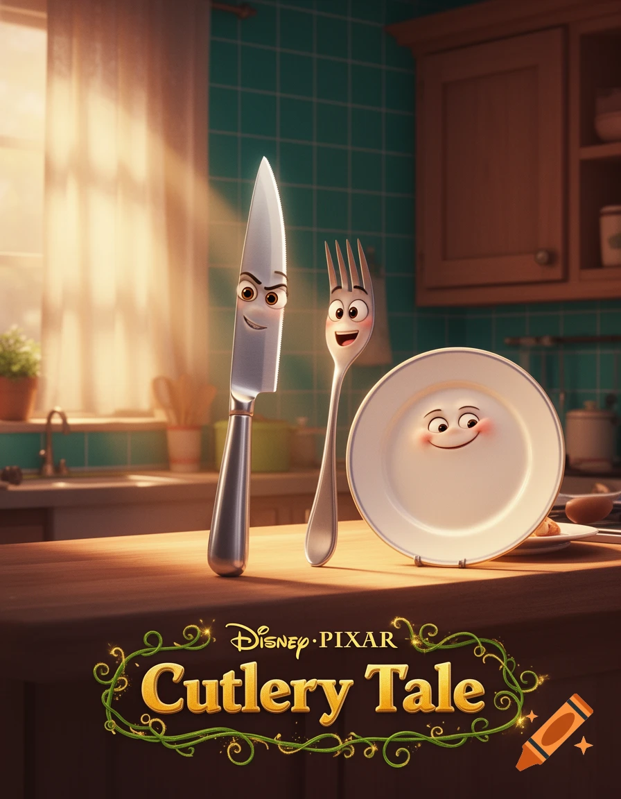 Disney Pixar 'Cutlery Tale' film poster featuring a smiling knife, fork, and plate with faces on a kitchen counter.
