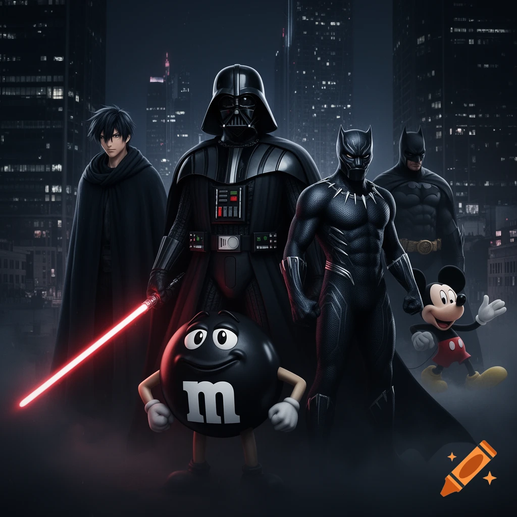 Darth Vader, Black Panther, Batman, an anime character, the black M&M, and Mickey Mouse stand together in a dark city street at night.