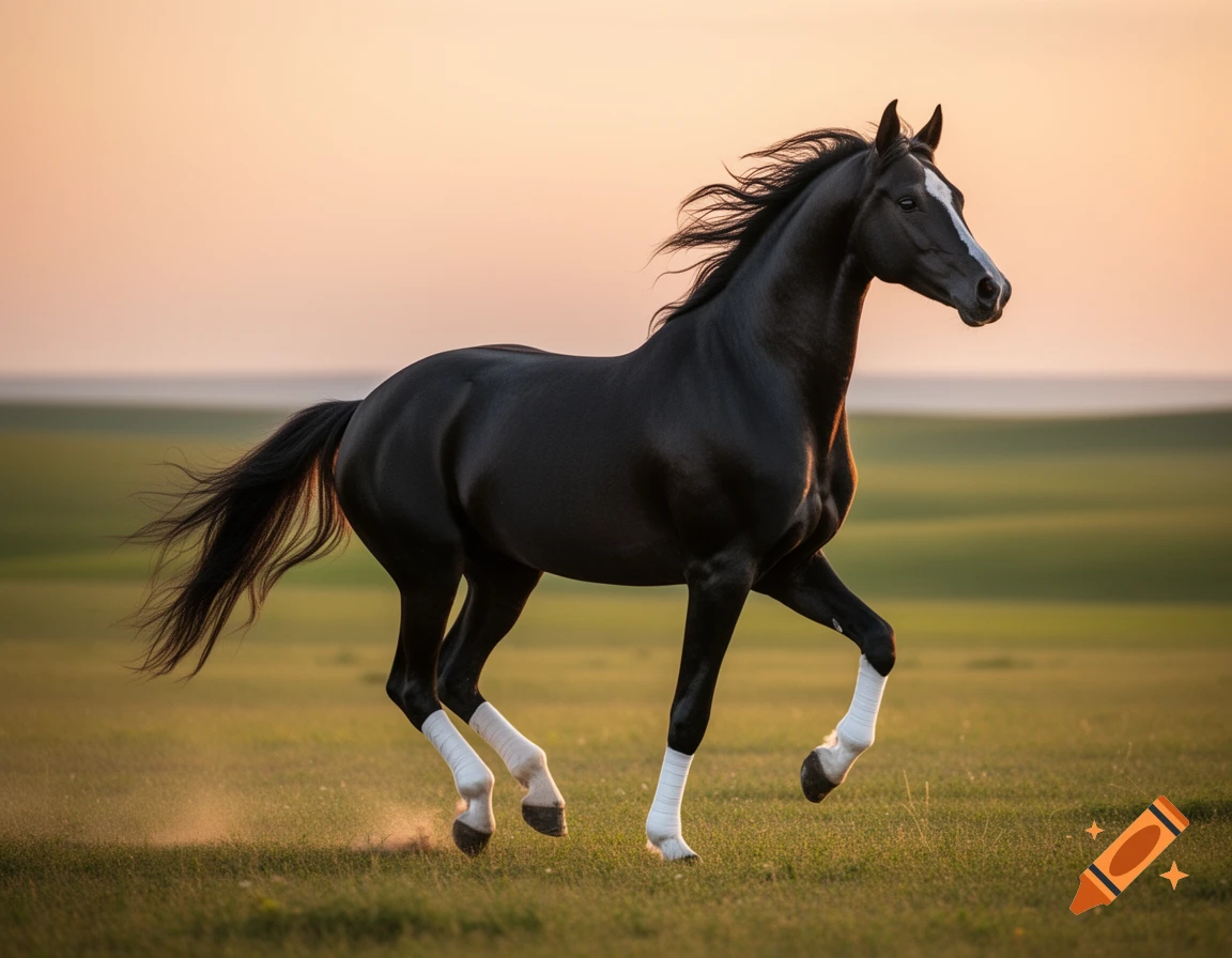 A majestic black Arabian horse with a white blaze and socks gallops through a green field at sunset, looking photorealistic.