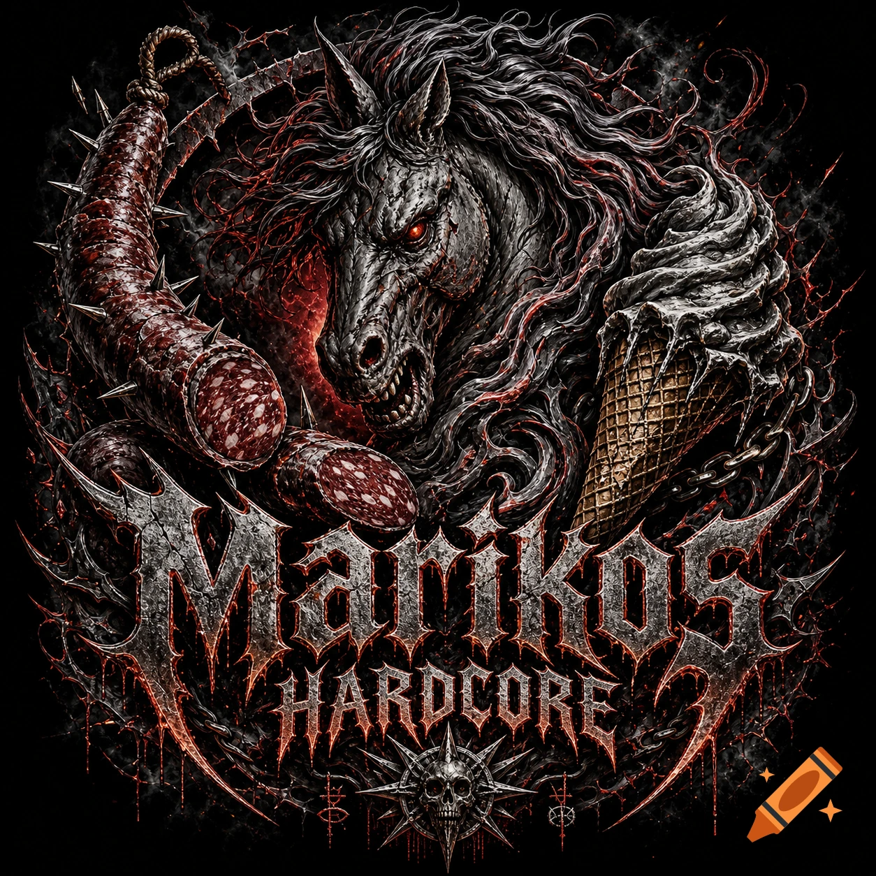 A heavy metal style logo with a menacing horse head, spiked sausage, and black ice cream cone, featuring 'MARIKOS HARDCORE' text amidst dark, chaotic tendrils and red glow.