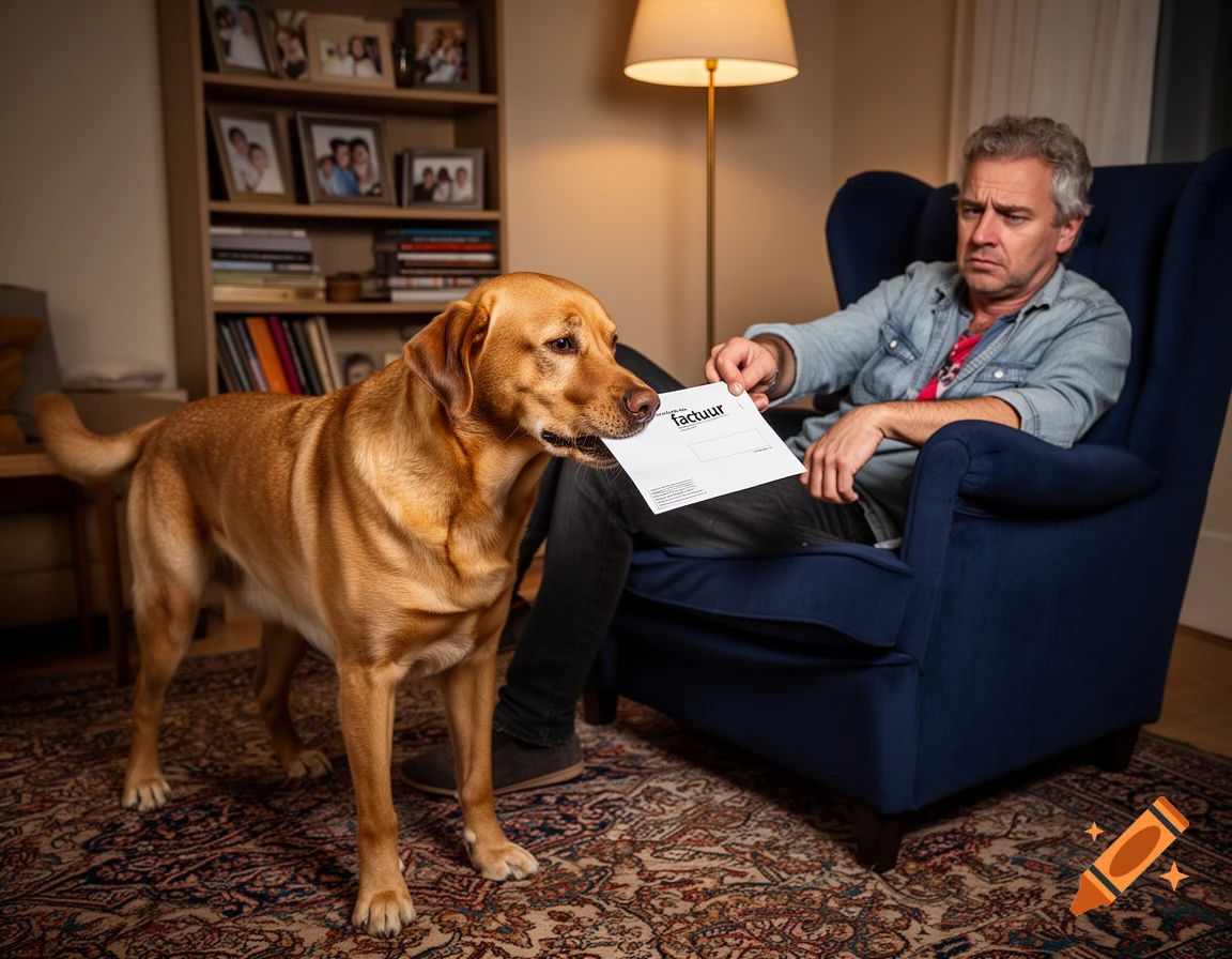 A golden labrador dog hands an invoice to a man seated in a blue armchair in a living room, the man looks concerned.
