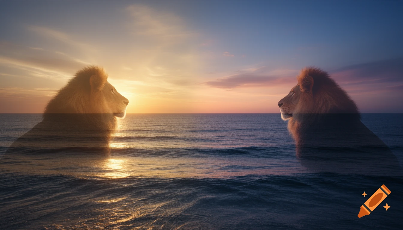 Two ethereal lion profiles face each other across an ocean at sunrise and sunset in a fine-art photograph.