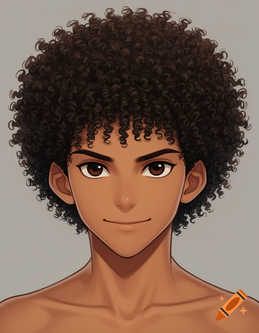 Digital illustration of a young Afro-Brazilian boy with dark curly hair and brown eyes, smiling slightly, shown from the chest up.