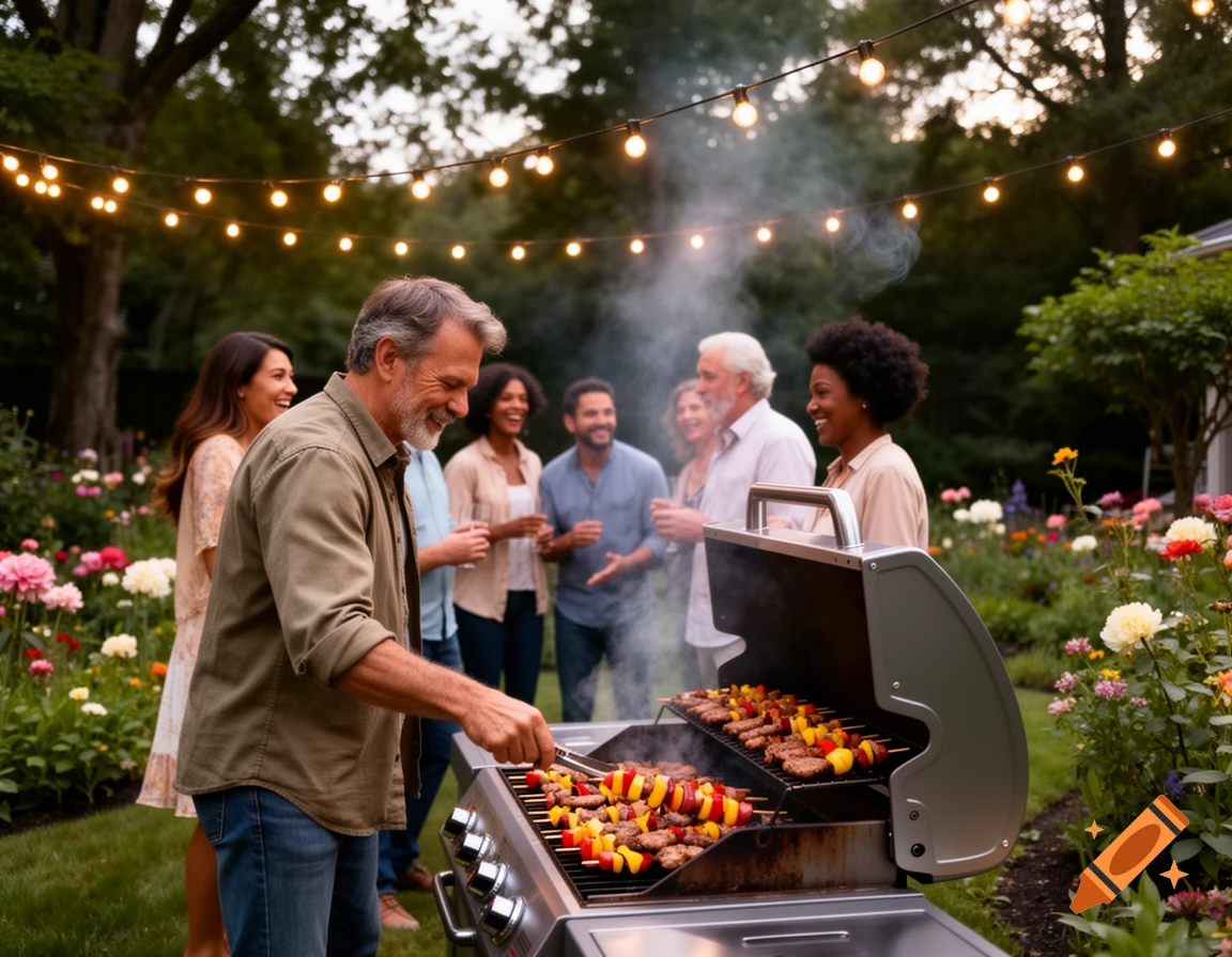 A diverse group of smiling friends enjoys a backyard barbecue at dusk, with one man grilling kebabs under string lights.