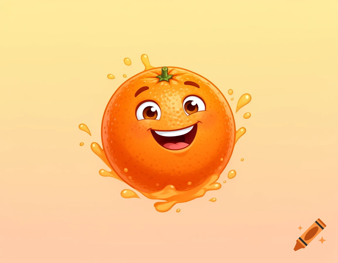 Happy cartoon orange with juice splashes on a light orange background.