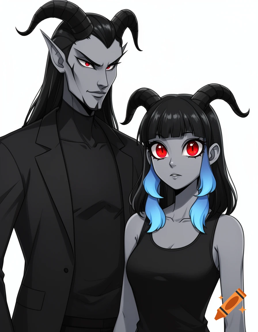 Anime drawing of a grey-skinned horned man in a suit and a matching woman with blue hair streaks in a tank top.