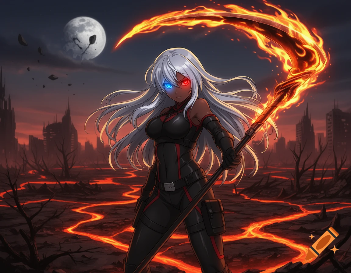 Anime dark-skinned woman with white hair, mismatched eyes, wielding a flaming scythe in a lava-filled, post-apocalyptic cityscape under a broken moon.
