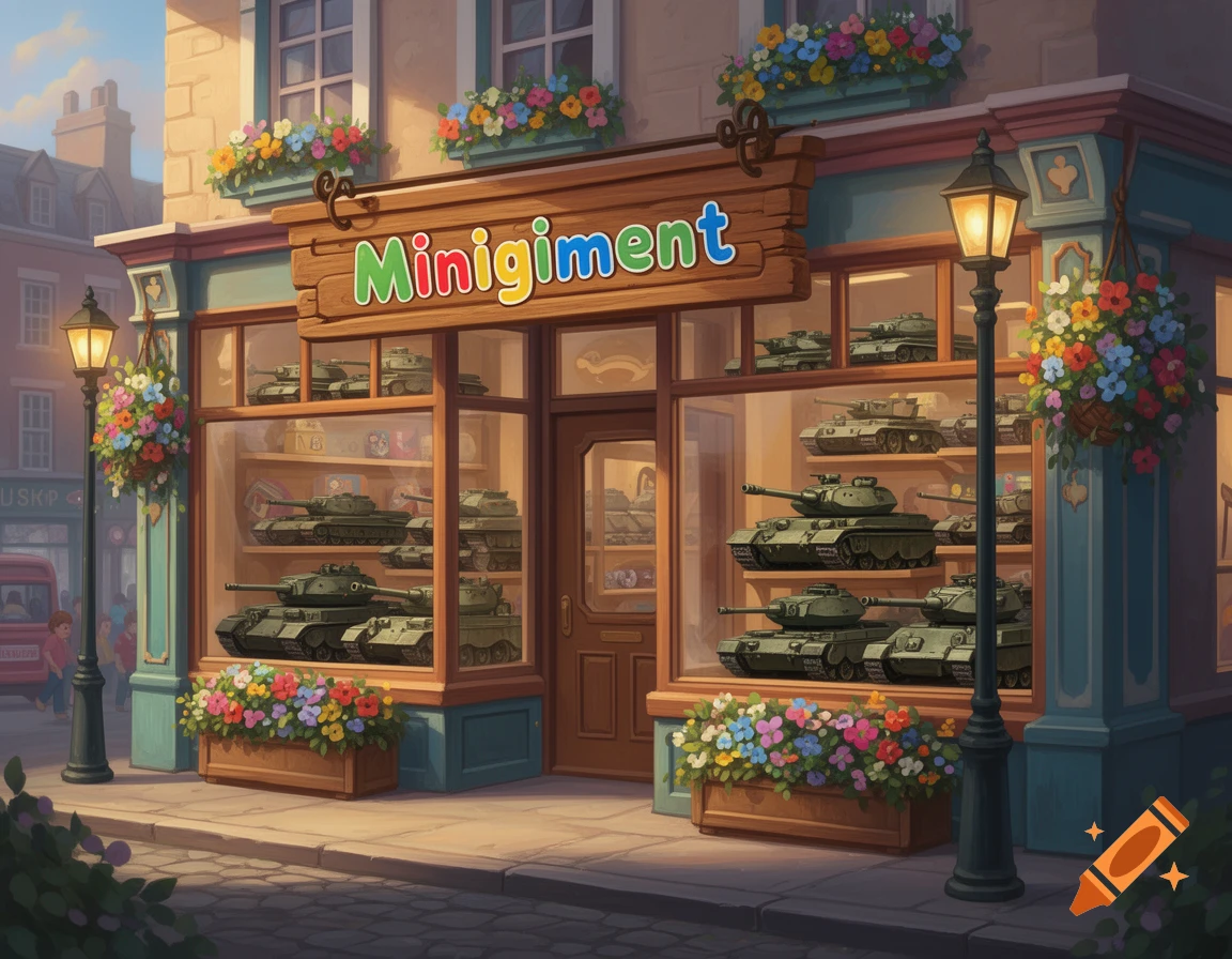 A cartoon-style toy shop called 'Minigiment' with model tanks in the windows, on a charming street with flowers.