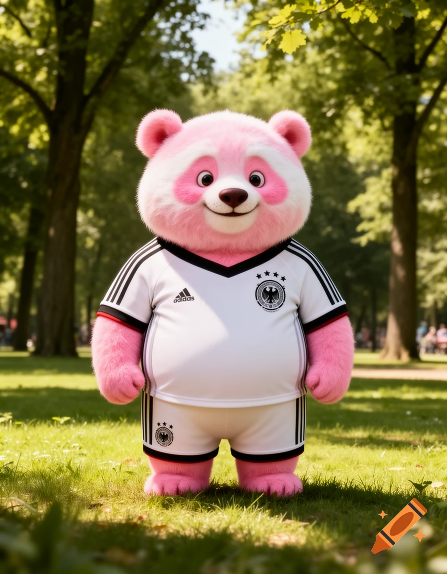 A friendly, plump pink panda wearing a white German soccer uniform stands on green grass in a sunny park.