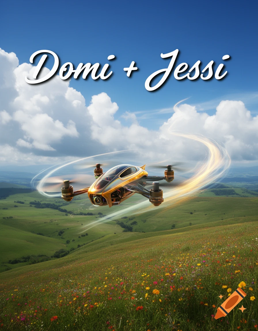 A gold and black FPV drone flies over a vibrant green meadow with wildflowers under a blue sky, featuring white text 'Domi + Jessi'.