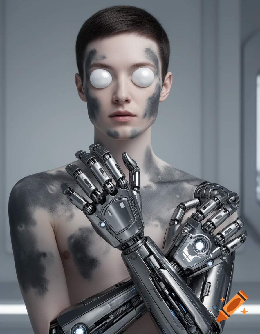 A close-up, photorealistic portrait of a person with short hair, white eyes, and black smudges on their skin, featuring metallic robotic arms.