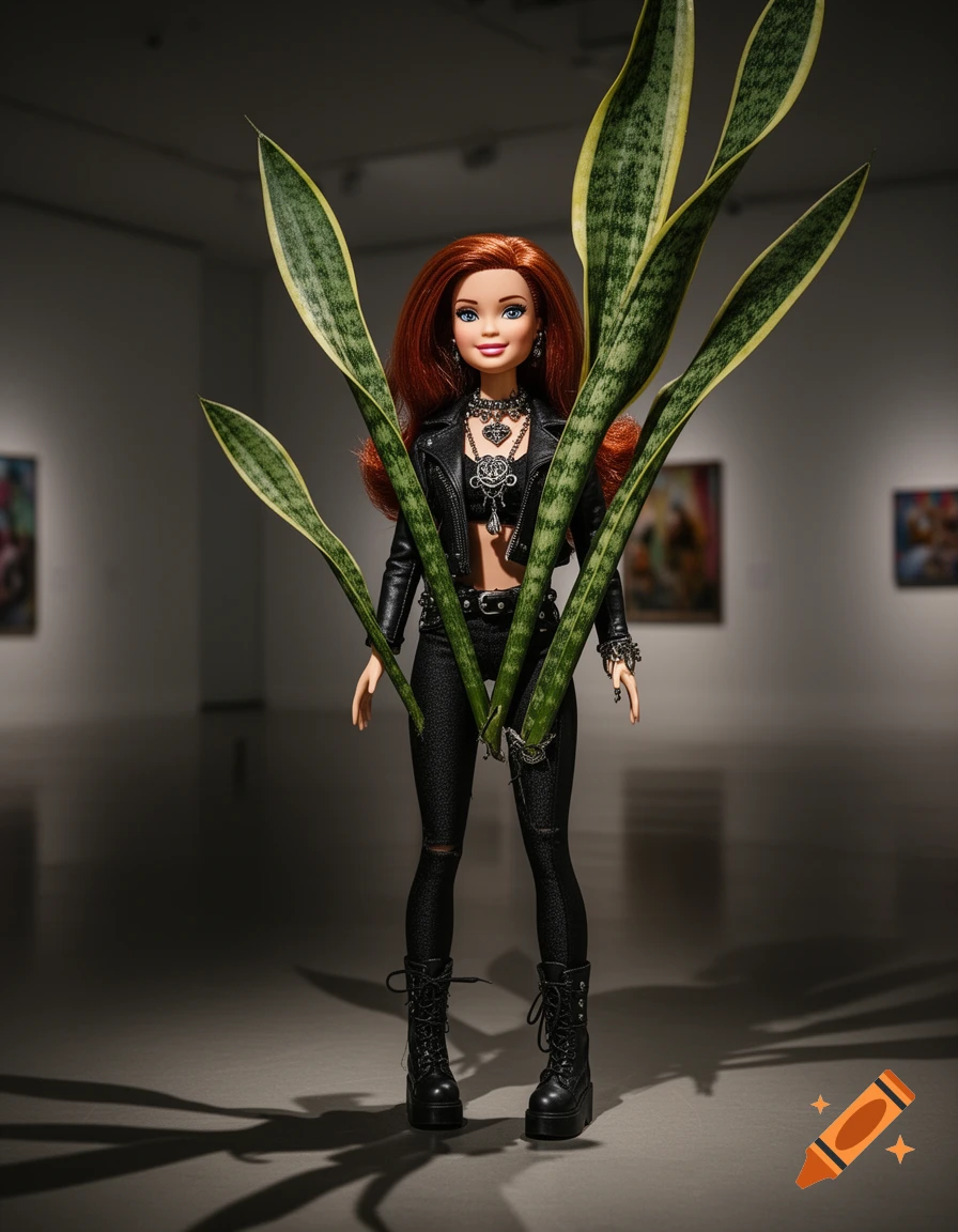 A red-haired Barbie doll in black alternative attire, impaled by a large snake plant, stands in a surreal art gallery with dramatic lighting.