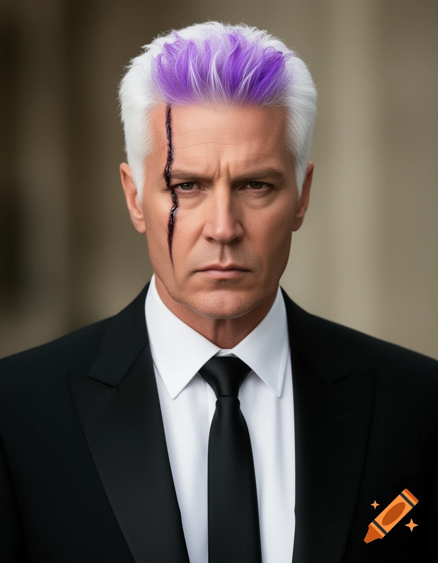 Man with white hair, purple highlights, and a realistic scar on his left cheek, wearing a black suit and tie with a stone-cold expression.