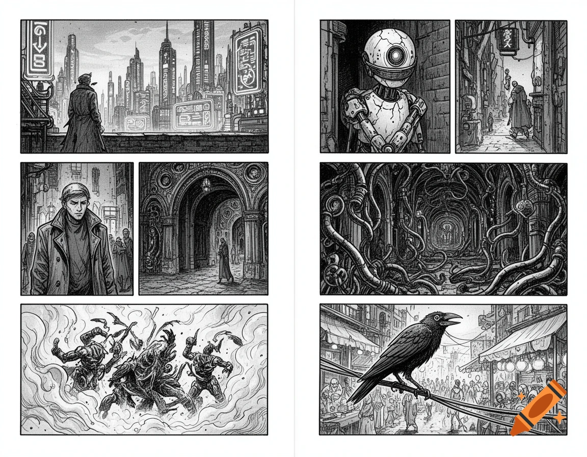 A black-and-white comic strip in hand-inked style, showing cyberpunk cityscapes, a robot, a raven, figures, and abstract creatures fighting.