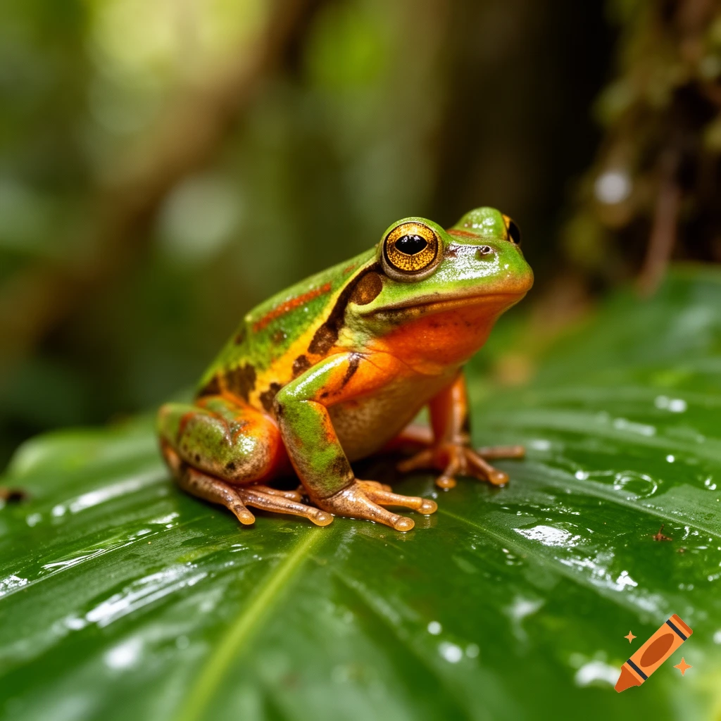 A vibrant green, orange, and black frog with golden eyes sits on a wet green leaf in a natural setting.