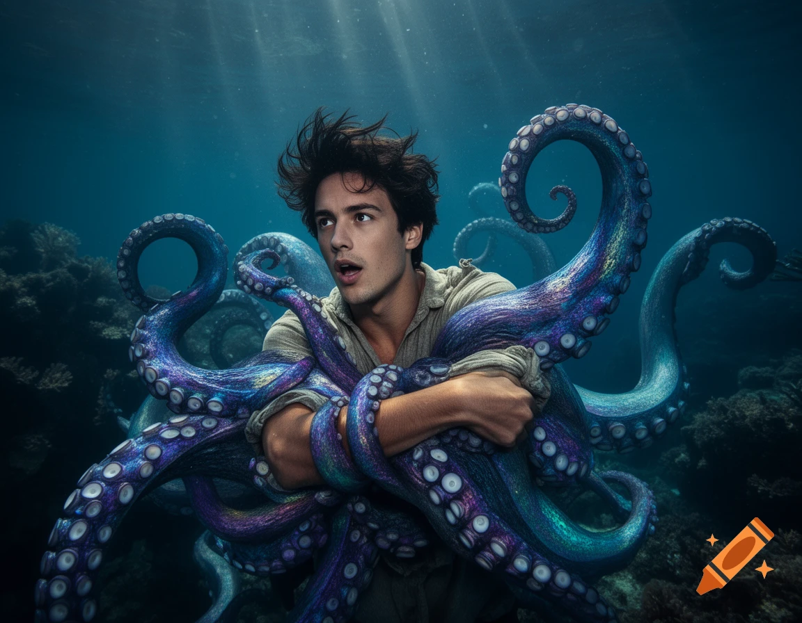 A young man with messy hair is dramatically held by glowing purple and blue octopus tentacles underwater with sunlight streaming from above, photorealistic.