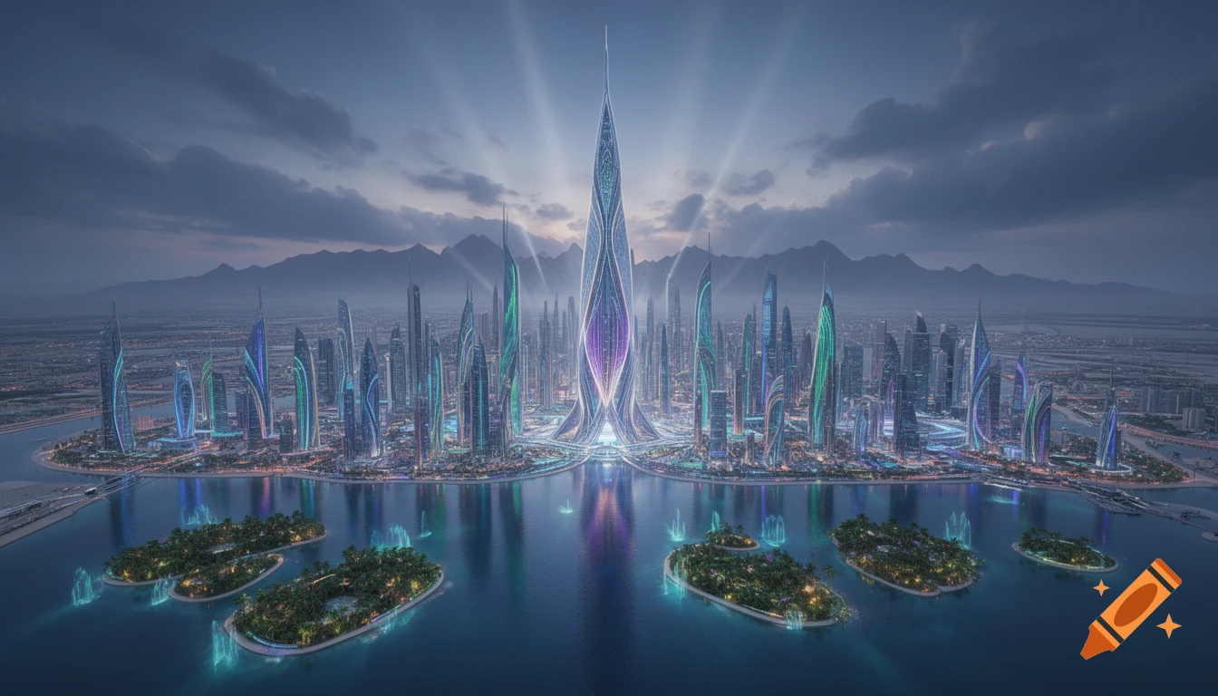An aerial view of a futuristic megacity with a giant central tower and many other skyscrapers, neon lights, tropical islands in the foreground, and mountains in the distance under a dramatic sky.