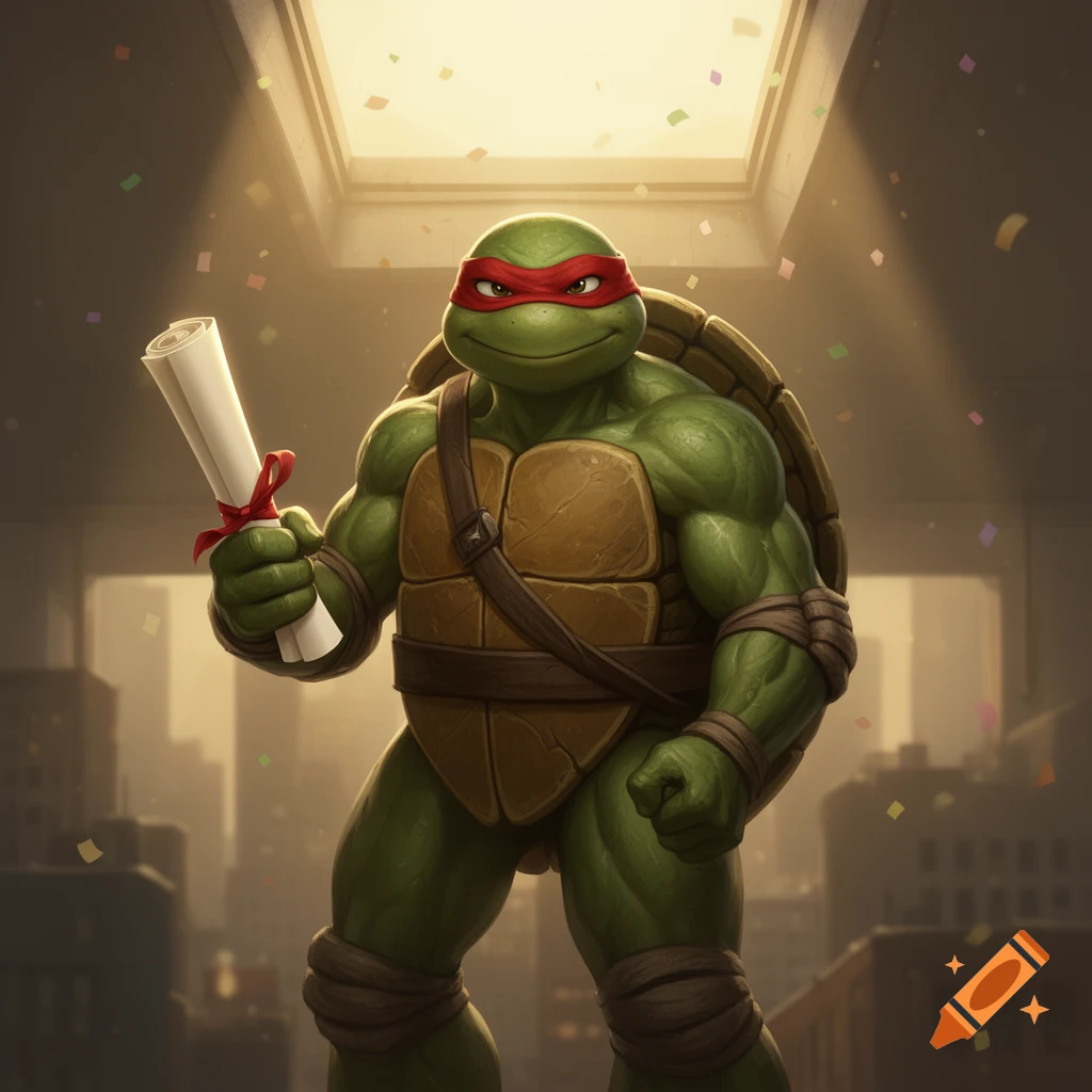 Raphael from TMNT smiling, holding a diploma with a red ribbon as confetti falls in a city setting.