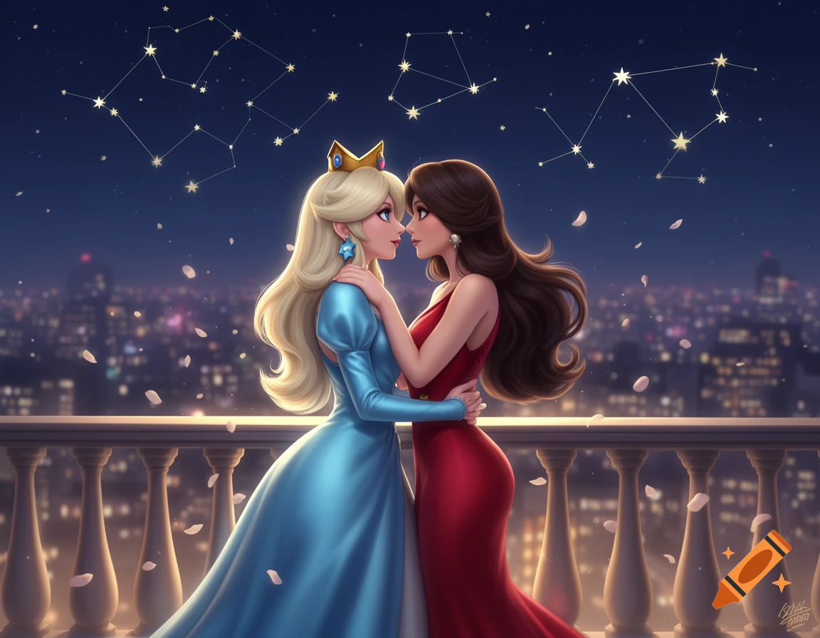Humanized Rosalina and Pauline embracing on a balcony overlooking a city at night under constellations, with petals falling.