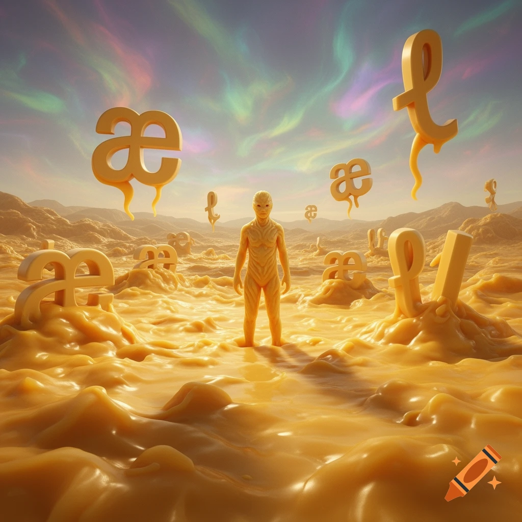 A humanoid figure stands in a surreal landscape of yellow goo, surrounded by floating letters æ and ł under a colorful sky.