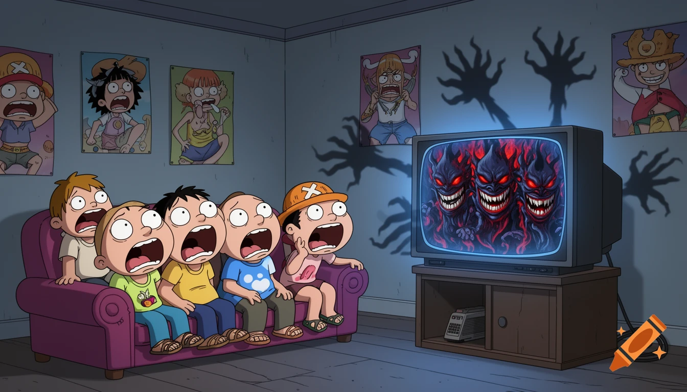Cartoon kids watch a scary TV show with demonic One Piece characters, their terrified faces illuminated by the screen's glow, casting monster shadows on the wall.