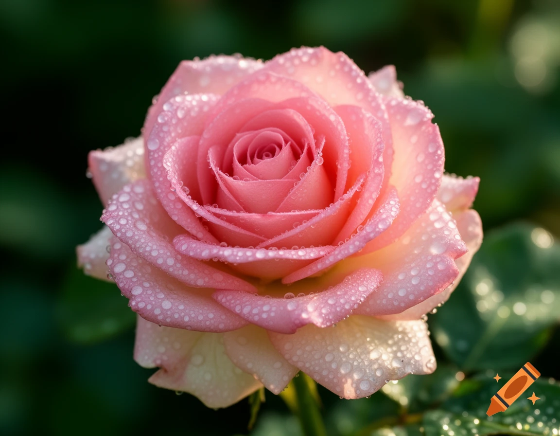 A vibrant pink rose, covered in delicate water droplets, blooms against a soft, dark green background in a photorealistic style.