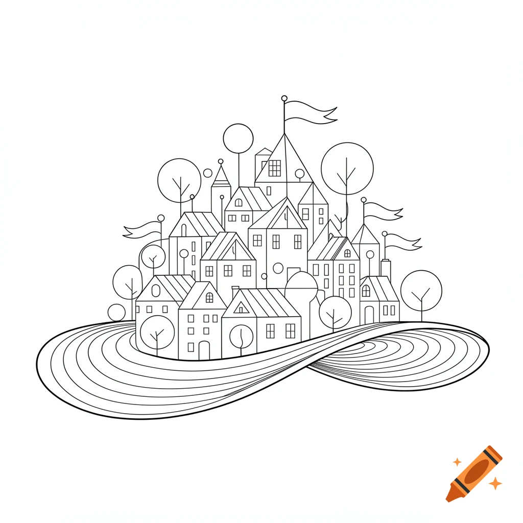 Line art illustration of a whimsical city with geometric houses, round trees, and flags on a wavy abstract base, designed as a coloring page.