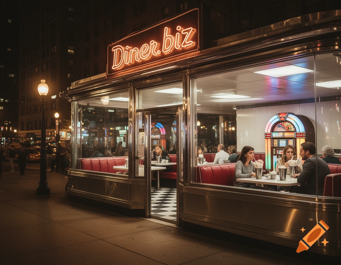 Exterior view of a retro diner at night, with a neon 'Diner.biz' sign. People are seated inside at red booths.