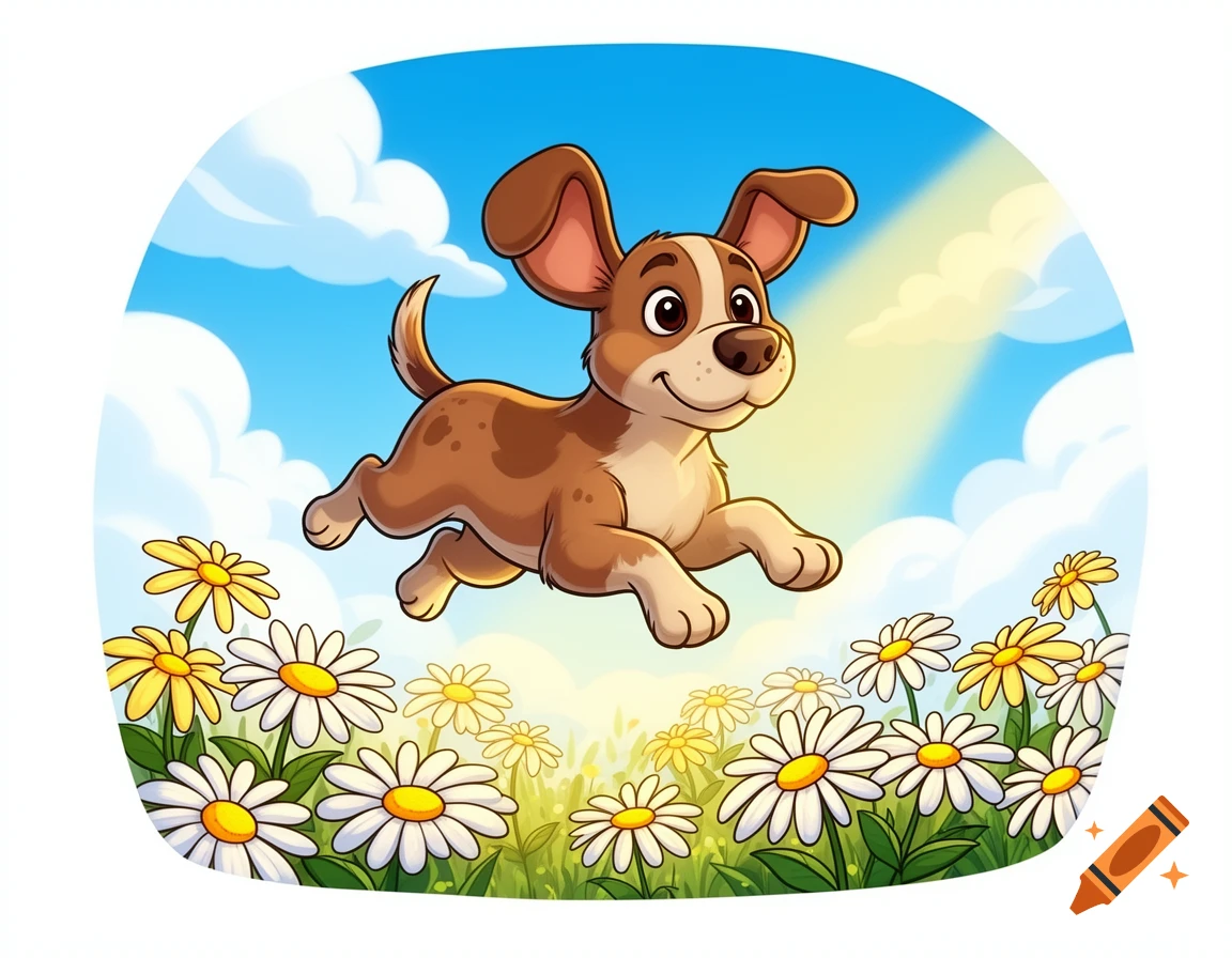A happy cartoon dog with brown and white fur jumps over a field of daisies under a blue sky with a faint rainbow.