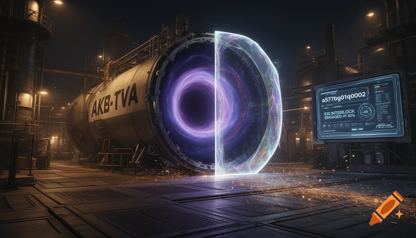 Photorealistic scene of a glowing reactor tank splitting to reveal a cosmic singularity in an advanced industrial plant at night, with a holographic shield and control panel.