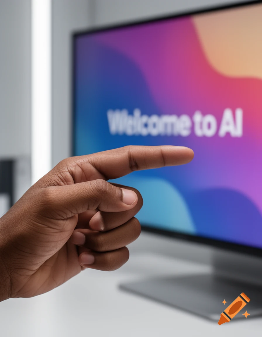A dark-skinned hand points towards a computer monitor displaying 'Welcome to AI' on a colorful background.